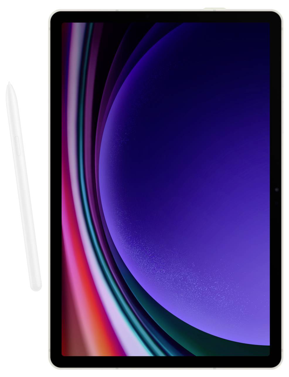 Tablet mit einem farbigen Bildschirm, der einen Regenbogeneffekt zeigt. Daneben liegt ein weißer Stylus. Geeignet für kreatives Arbeiten.