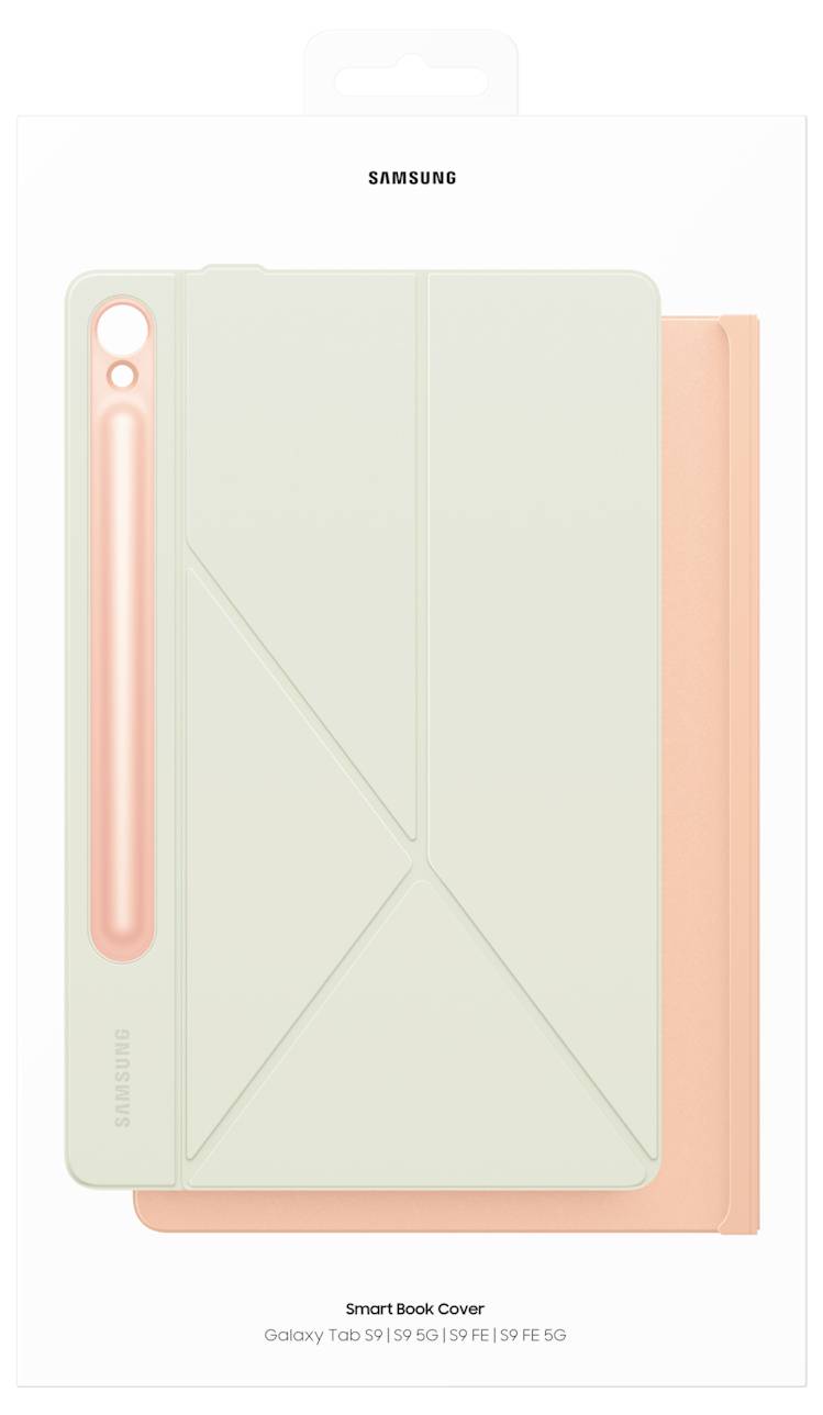Das Bild zeigt ein 'Samsung Smart Book Cover' für Samsung Galaxy Tab S9 Modelle in einer Verpackung.