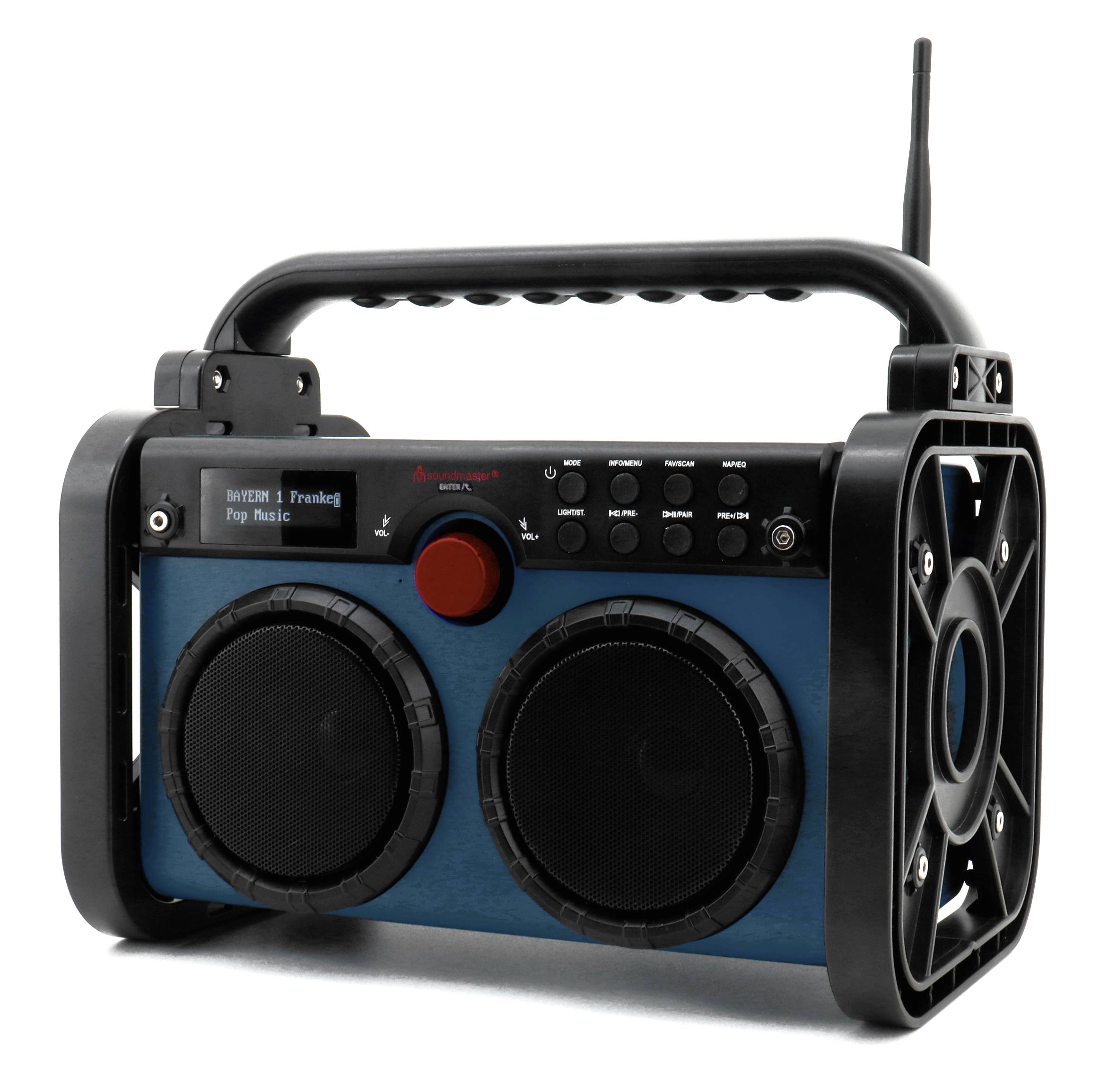 Tragbares Radio mit zwei Lautsprechern, Reglern und Antenne. Display zeigt '87,6