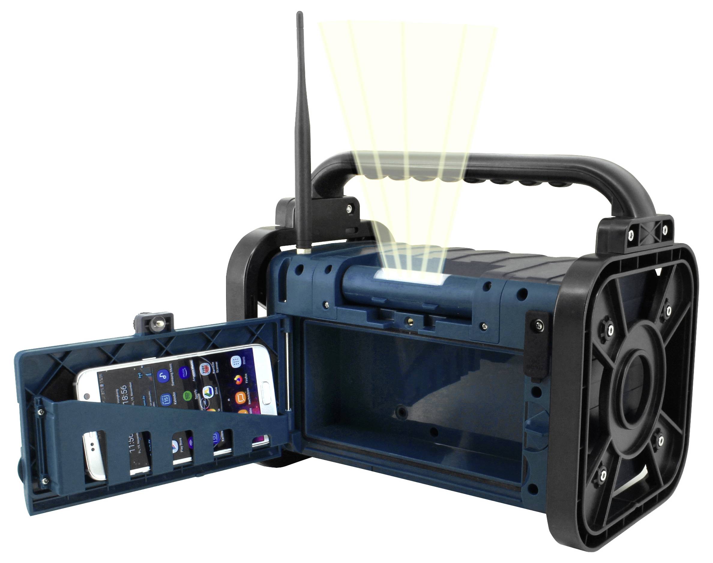 Ein tragbares Radio mit verstärktem Gehäuse und einem Fach für ein Smartphone. Eine Antenne ragt seitlich heraus.