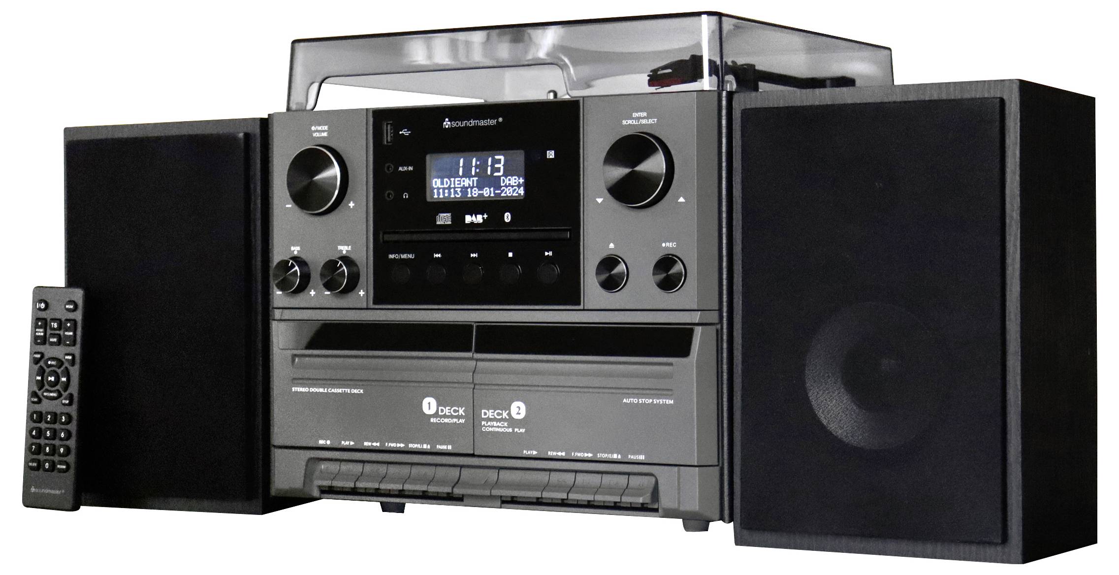 Soundmaster MCD5600SW Stereoanlage Plattenspieler, DAB+, UKW, Bluetooth®, CD, Kassette, USB, 2 x 5W Schwarz