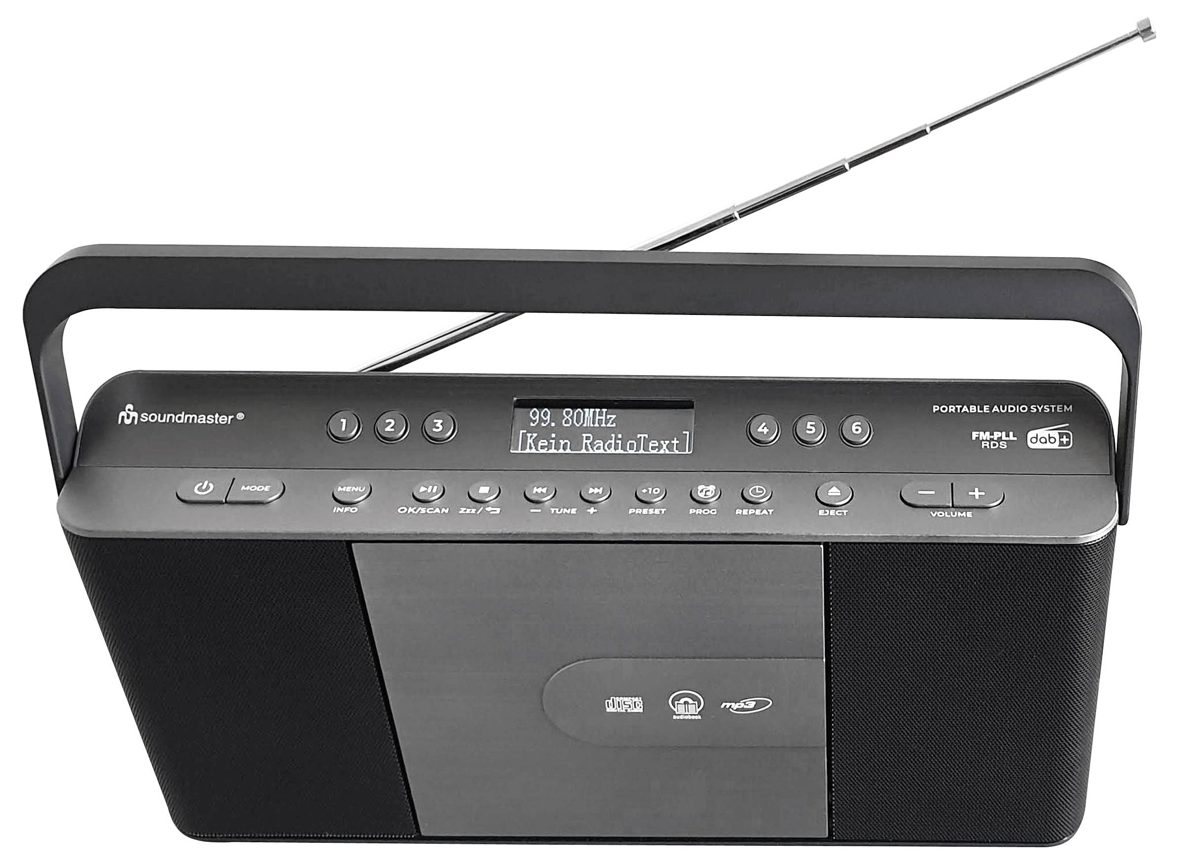 Ein tragbares Audiosystem mit Antenne zeigt auf dem Display die Frequenz '99,80 MHz [Kein Radiotext]'.