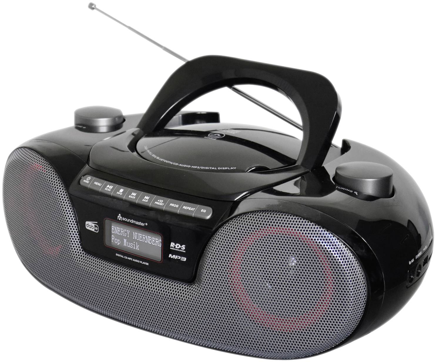 Ein schwarzer tragbarer CD-Player mit eingebautem Radio und Display, auf dem 'Energy Messenger Pop Music' angezeigt wird.