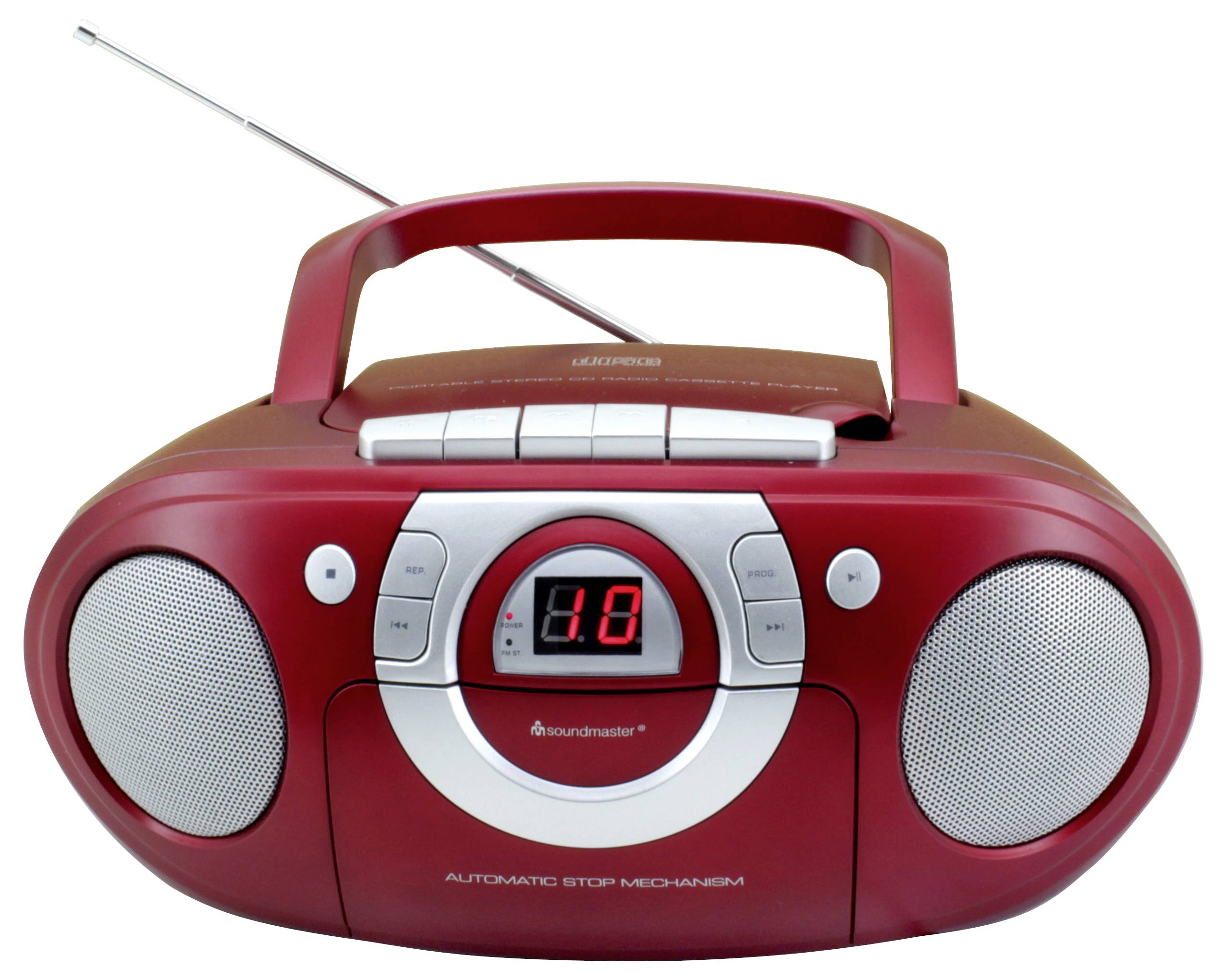 Rotes tragbares CD-Radio mit ausziehbarer Antenne und Lautsprechern. LEDs zeigen '1.0' auf dem Display an.