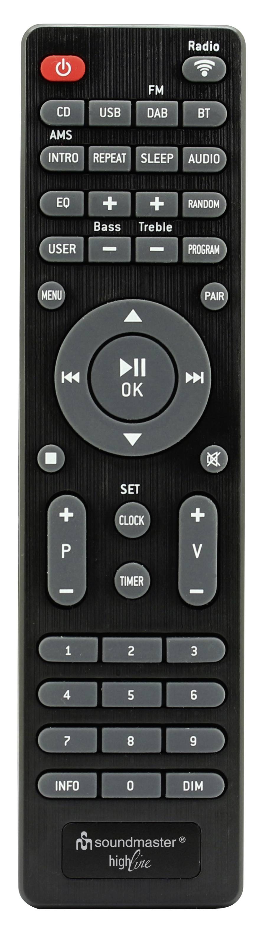 Eine schwarze Fernbedienung mit Tasten für Audioeinstellungen, Wiedergabe, Lautstärke und Radiosenderauswahl. Markenlogo unten.