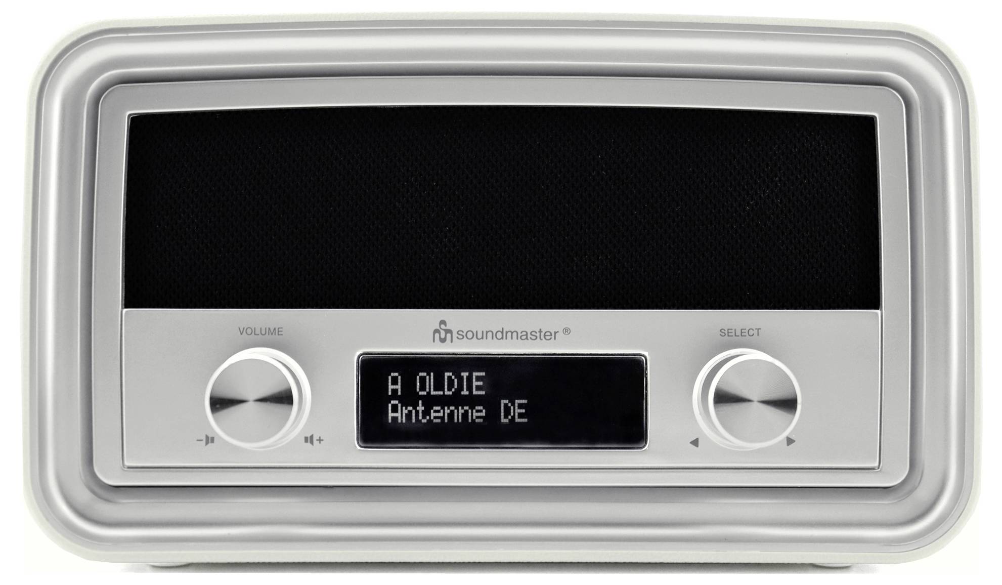 Ein Retro-Radio mit Display, das 'Antenne DE' anzeigt. Zwei Drehknöpfe sind darunter, für Lautstärke und Senderauswahl.