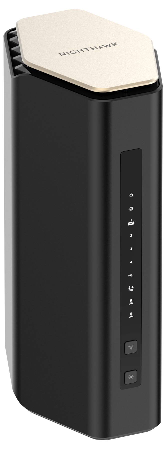 Ein schwarzer Router mit dem Text 'NIGHTHAWK', vertikal stehende LED-Anzeigen und zwei Tasten an der Vorderseite.