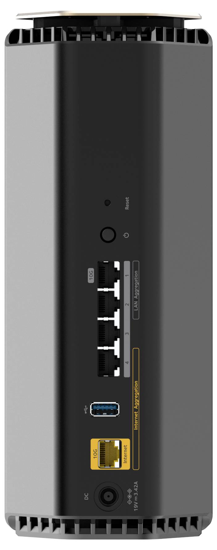 Netzwerkgerät-Rückseite mit fünf LAN-Ports, einem USB-Anschluss und einem Stromanschluss, geeignet für Hochgeschwindigkeitsverbindungen.
