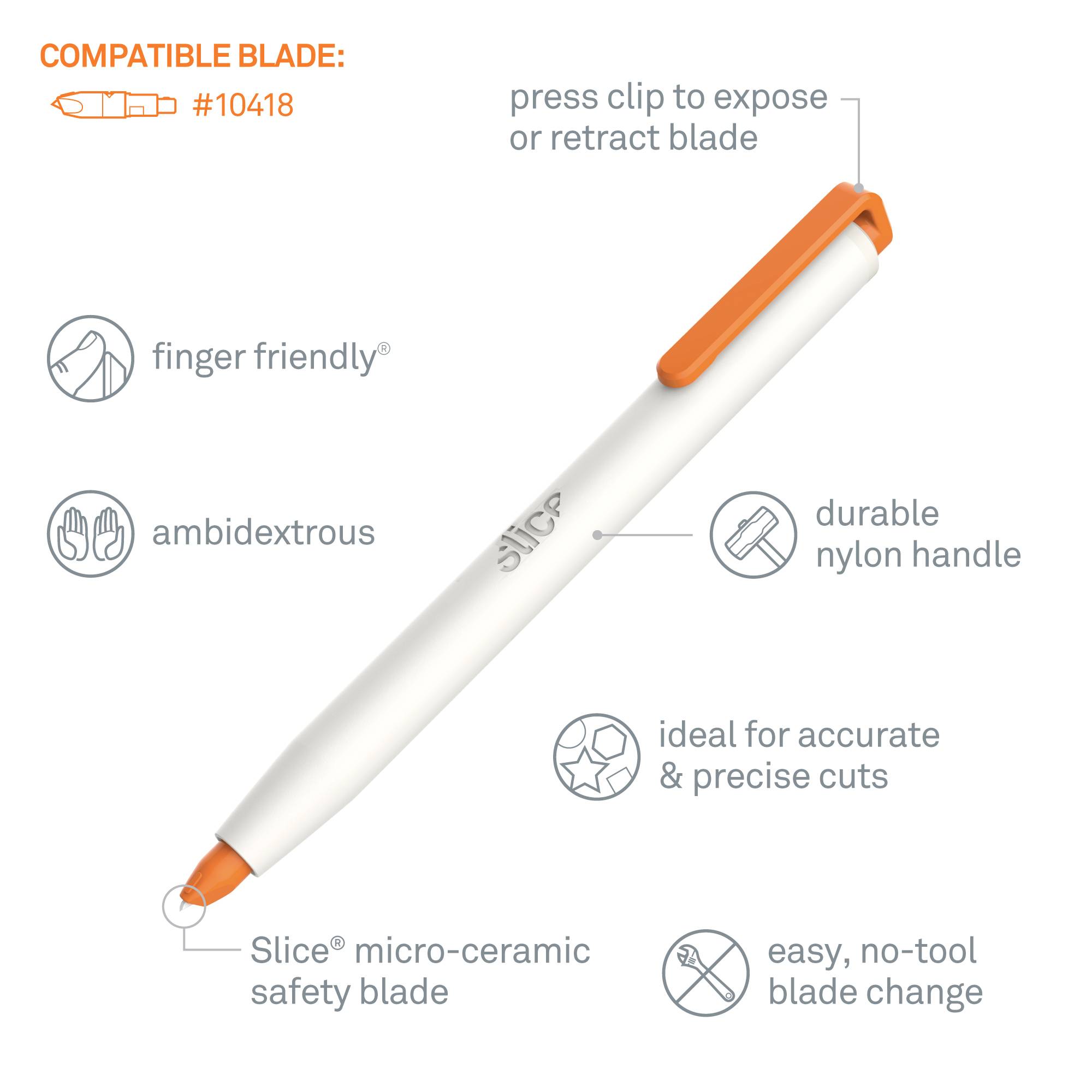 Ein Stift mit ausfahrbarer keramischer Klinge, orangefarbenem Clip. Merkmale: fingerfreundlich, beidhändig, robust, präzise, einfacher Klingenwechsel.