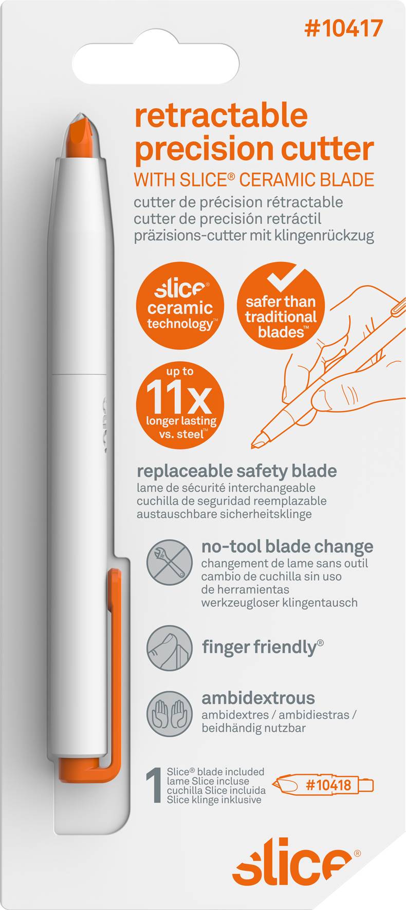 Verpackung eines ausziehbaren Präzisionsschneiders mit keramischer Klinge. Enthält Sicherheitsmerkmale, Ergonomiehinweise und Produkthinweise.