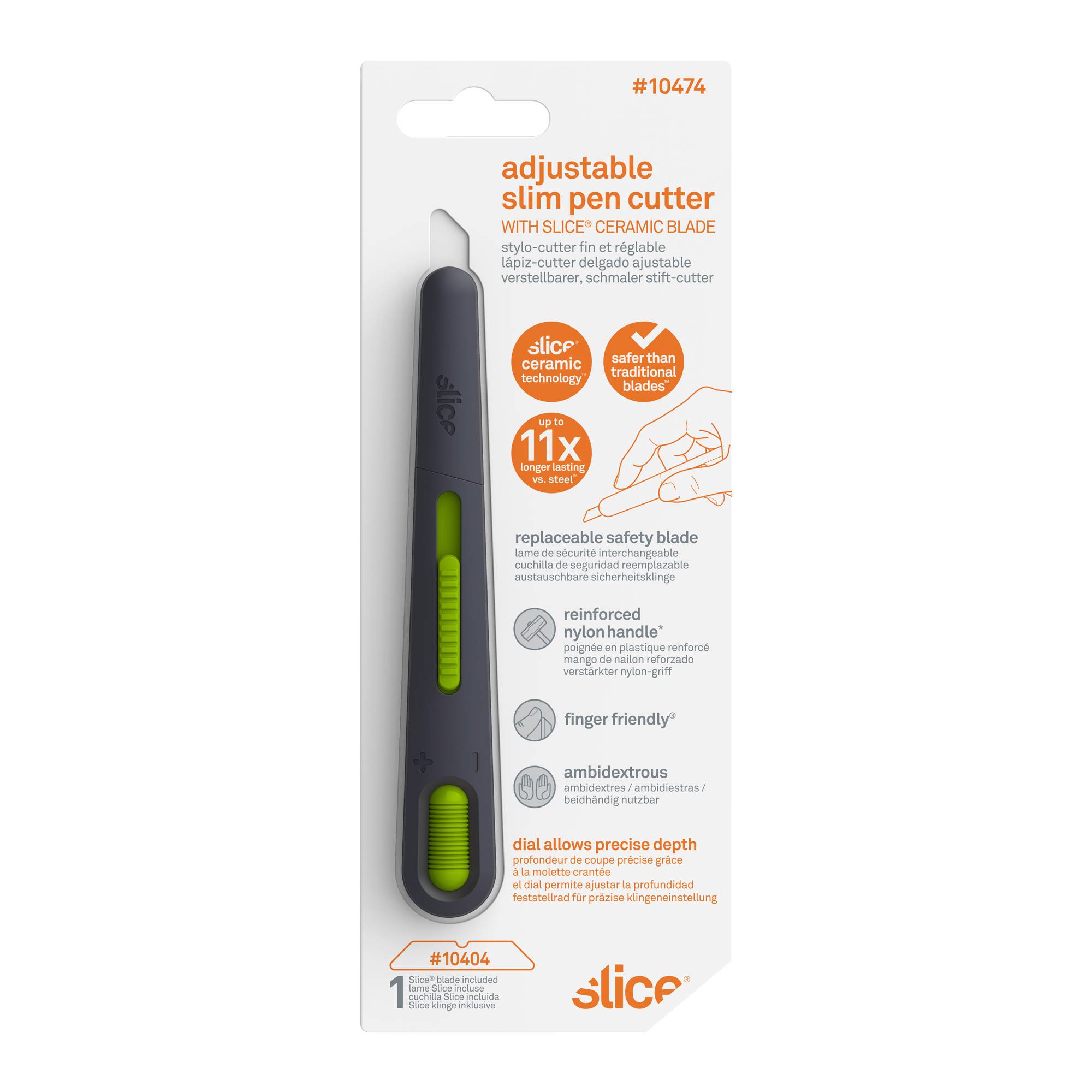 Verpackung eines 'Slice Adjustable Slim Pen Cutter' mit keramischer Klinge, grünem Schiebemechanismus und Sicherheitsinformationen.