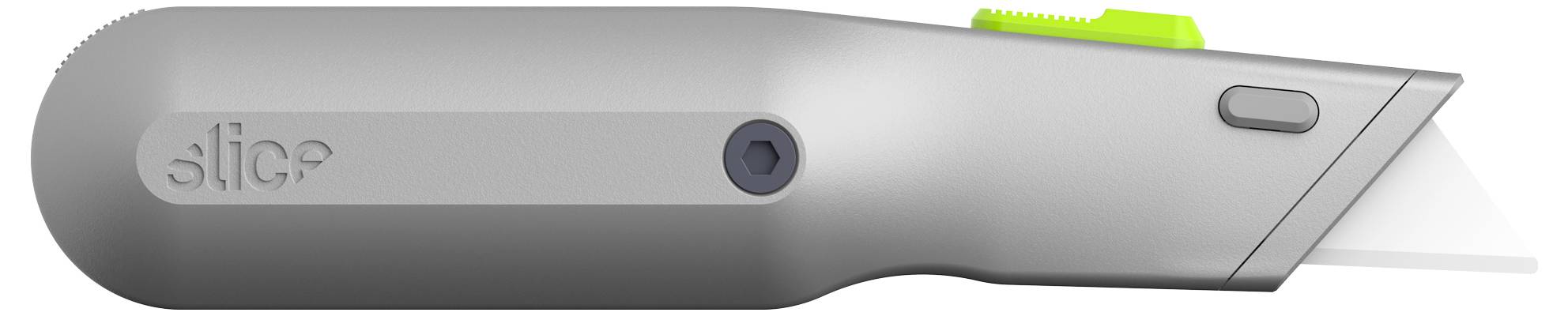 Ein graues Sicherheitsmesser mit grünem Schieber und Klinge, geeignet zum sicheren Schneiden von Kartons und Verpackungsmaterialien.