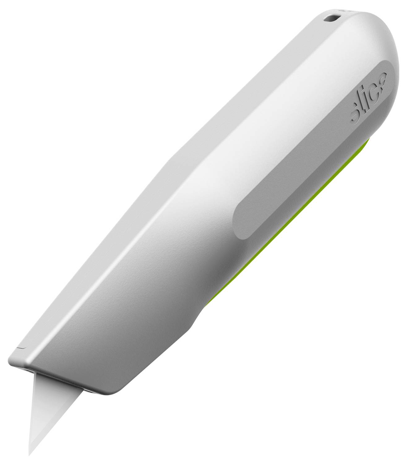 Weißer Sicherheits-Cutter mit grünem Akzent, scharfer Klinge und ergonomischem Griff, ideal für präzises Schneiden.