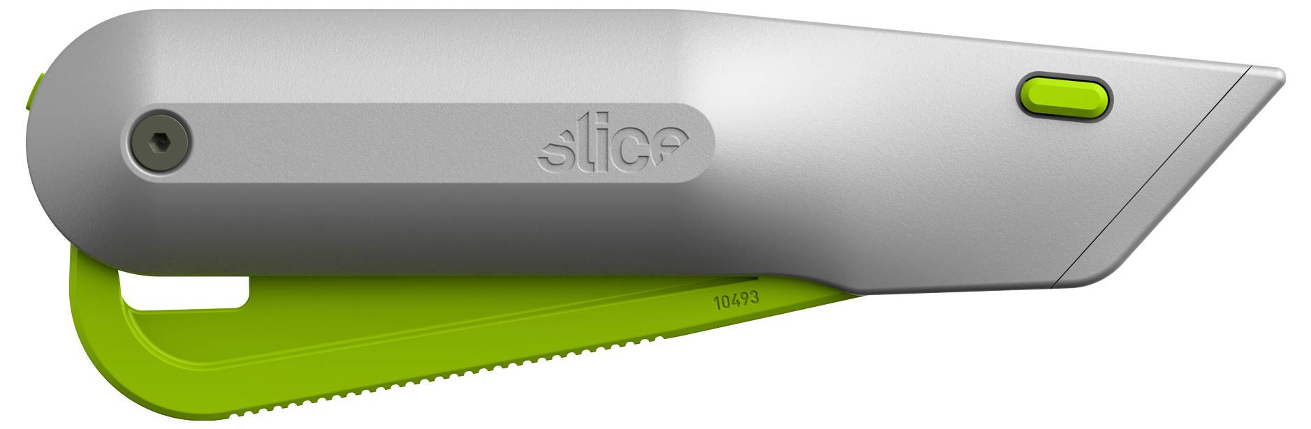 Ein silbernes Sicherheitsmesser mit grünem Griff und Schiebeknopf. 'Slice'-Logo eingeprägt. Geeignet für Karton- oder Papierzuschnitte.
