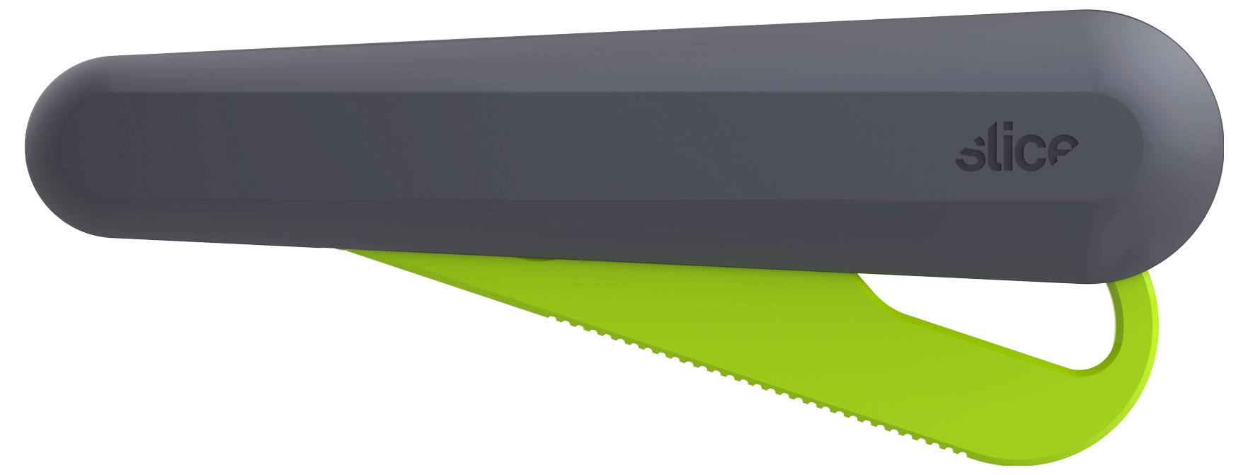 Schwarzes und grünes Sicherheitsmesser mit Schiebemechanismus und abgerundeter Klinge. Geeignet zum Schneiden von Verpackungen.