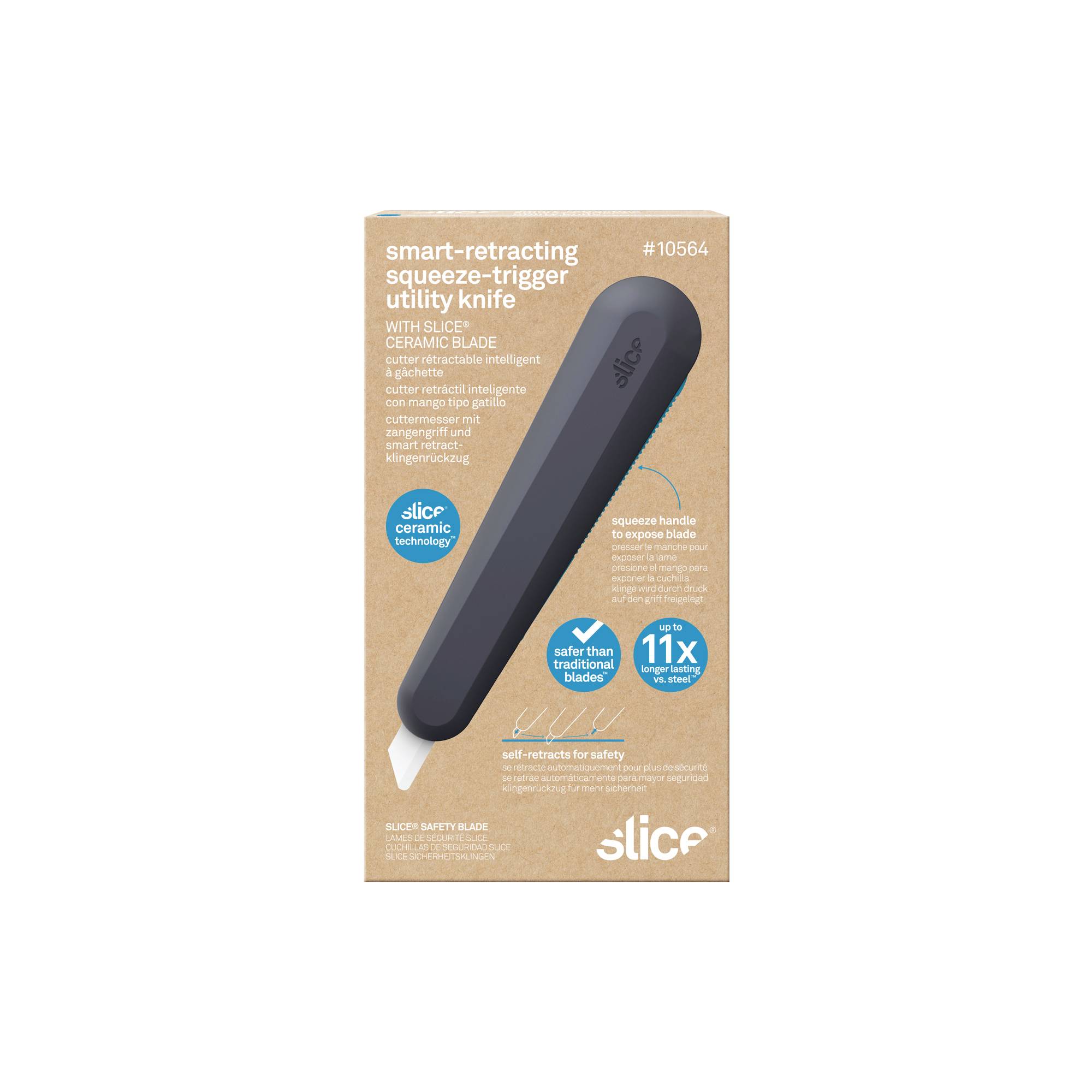 Schwarzes Keramik-Sicherheitsmesser mit ergonomischem Griff und selbst einziehender Klinge in Verpackung mit Produktinfo.