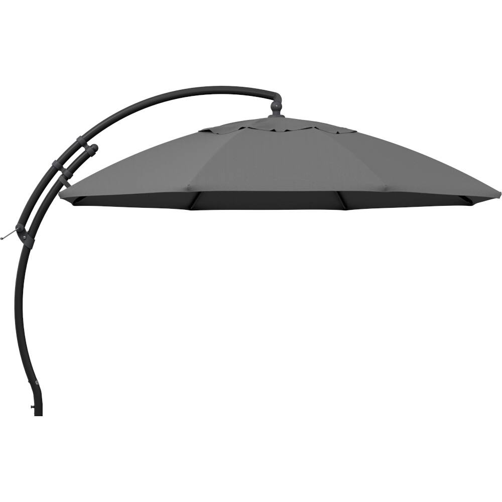 Ein freistehender, gebogener Sonnenschirm mit schwarzem Gestell und grauer Bespannung, ideal für Terrassen und Gärten.