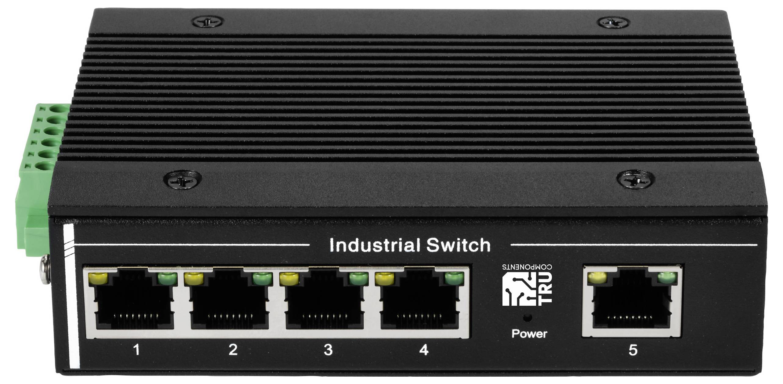 'Industrieller Switch' mit fünf Ethernet-Ports und einer Power-Anzeige. Geeignet für industrielle Netzwerke.