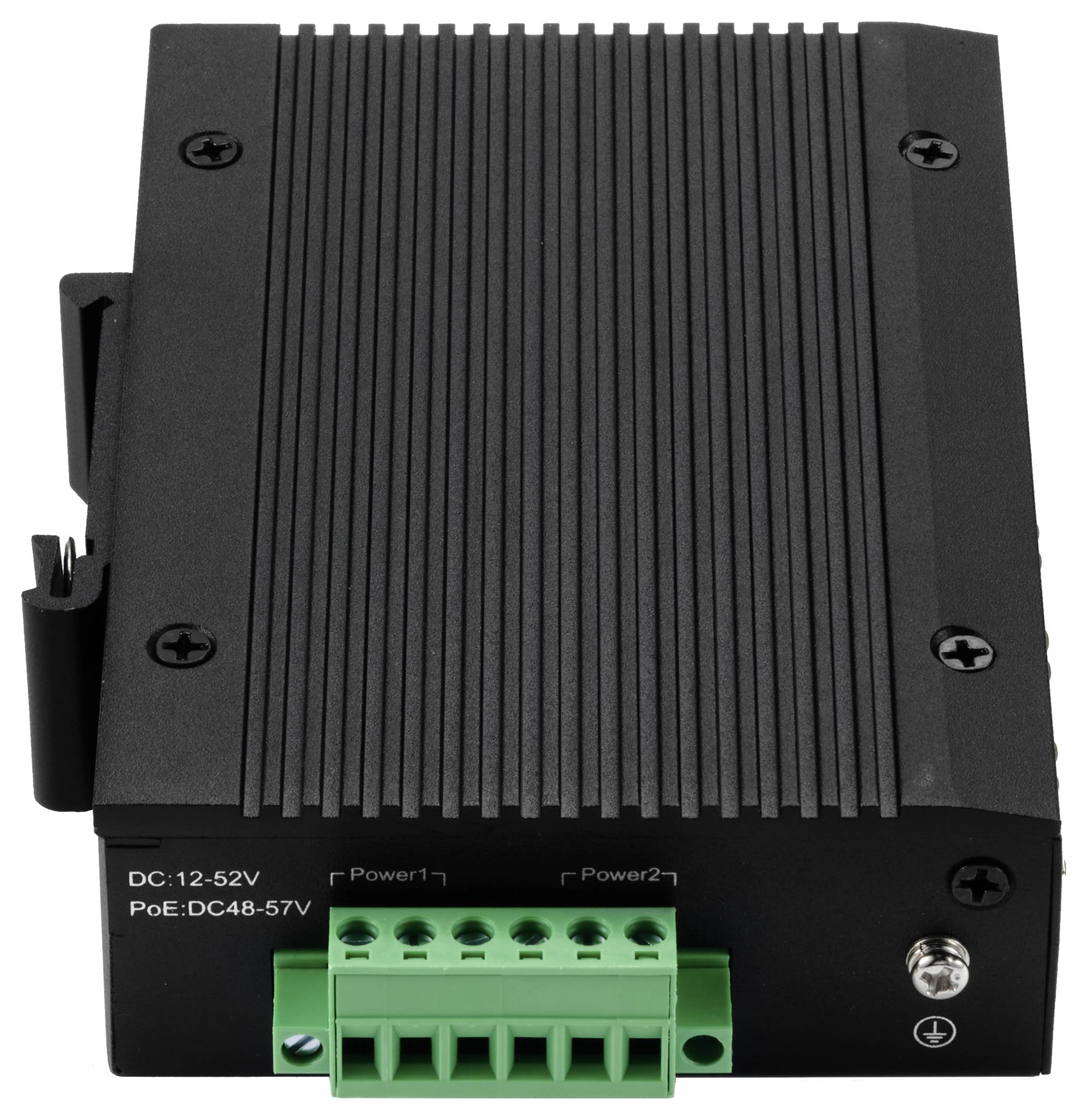 Schwarzes, rechteckiges elektronisches Gerät mit grünen Anschlussklemmen, verwendet für Stromversorgung, beschriftet mit 'DC: 12-52V'.