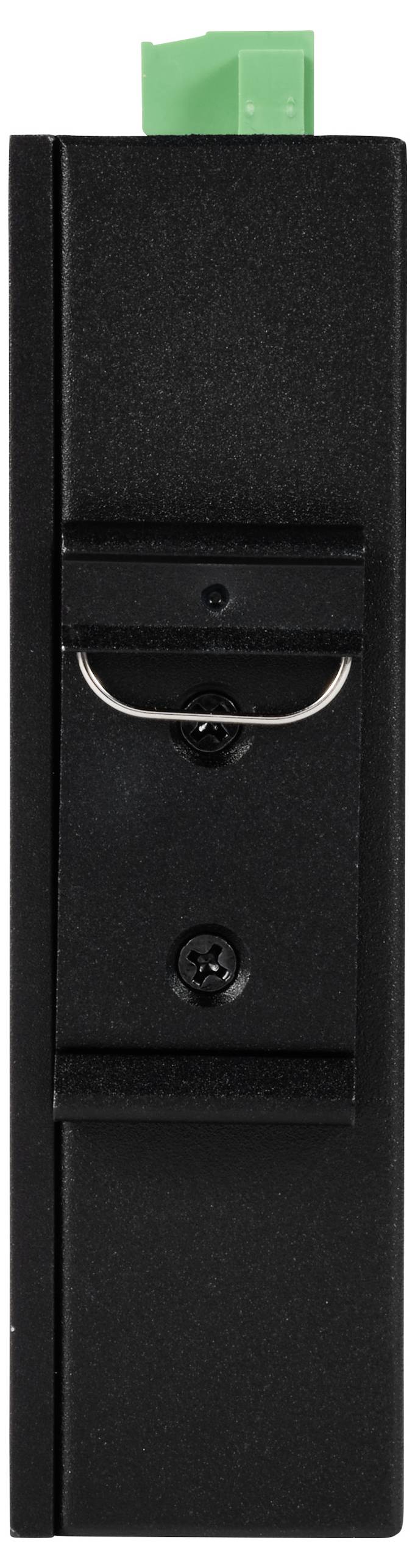 Schwarzes elektronisches Gerät mit grünem Steckverbinder oben, zwei sichtbaren Schrauben und einer Metallklammer auf der Vorderseite.