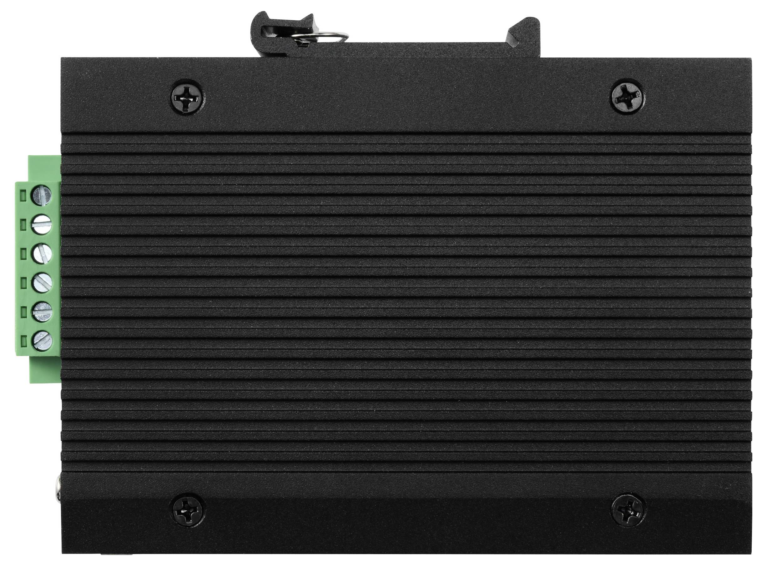 Ein schwarzes, rechteckiges, geripptes Modul mit vier Schrauben an den Ecken und einem grünen Terminalblock für Verkabelung.