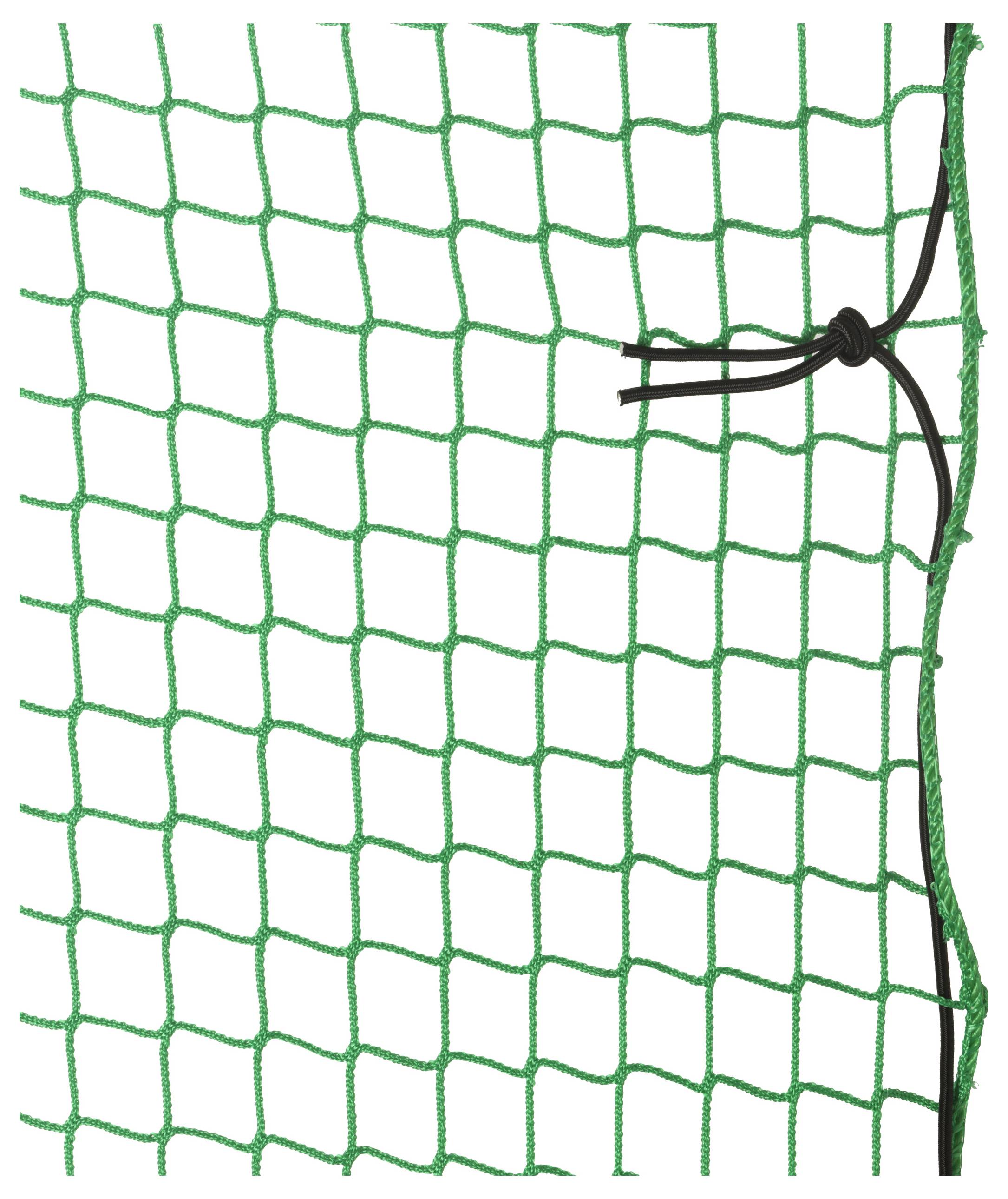 Ein grünes Netz mit quadratischen Maschen; rechts mit einem schwarzen Knoten gebunden. Entriegelt und robust, zur Sicherheit oder Dekoration geeignet.