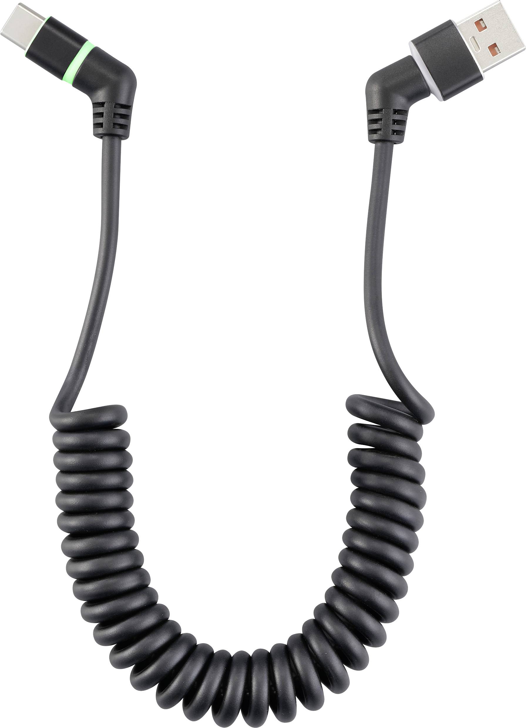 Schwarzes, spiralförmiges USB-Kabel mit USB-A- zu USB-C-Stecker, geeignet für flexible Lade- und Datenverbindungsanforderungen.