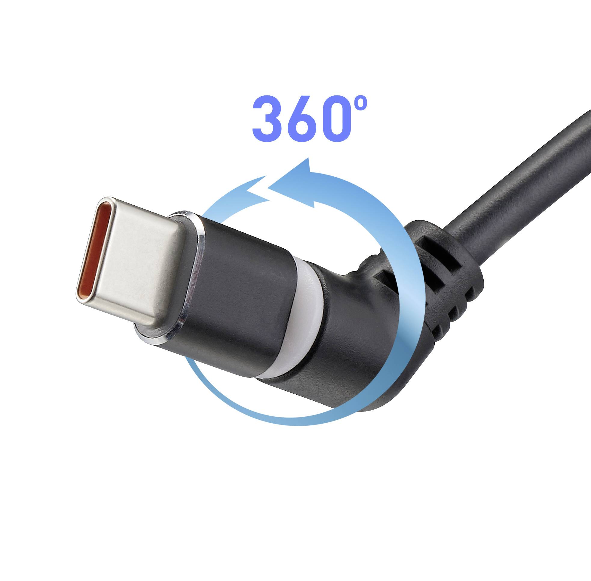 USB-C-Stecker mit 360-Grad-Drehmechanismus, der flexibles Anschließen ermöglicht. Kabel in Schwarz, Drehpfeile in Blau.