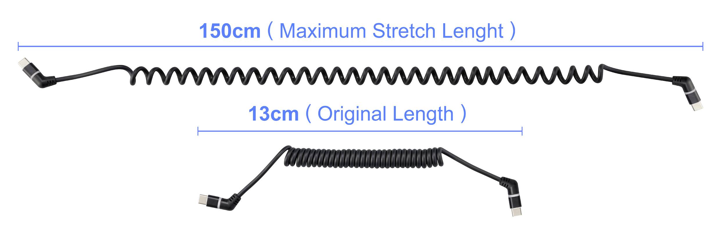 Ein spiralförmiges Kabel mit Zwei-Meter-Längenangaben: 150 cm in maximal gestrecktem Zustand und 13 cm im ursprünglichen Zustand.