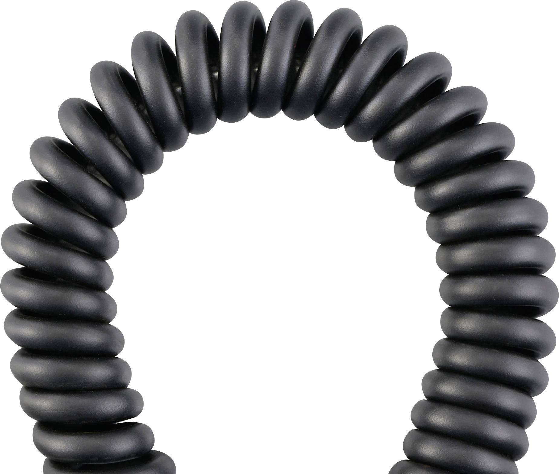 Ein schwarzes, spiralförmiges Telefonkabel bildet einen Halbkreis gegen einen weißen Hintergrund.