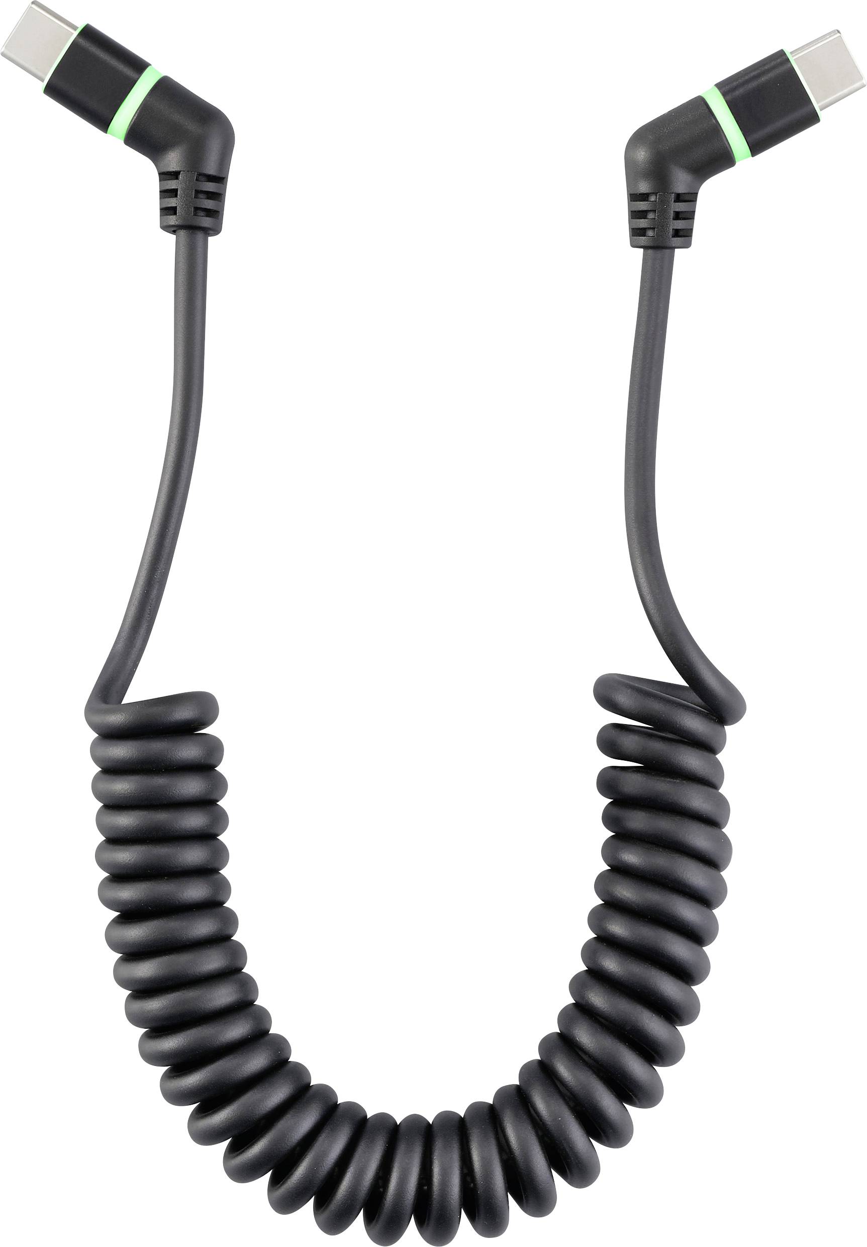 Ein spiralförmiges USB-C-Kabel mit zwei abgewinkelten Steckern.