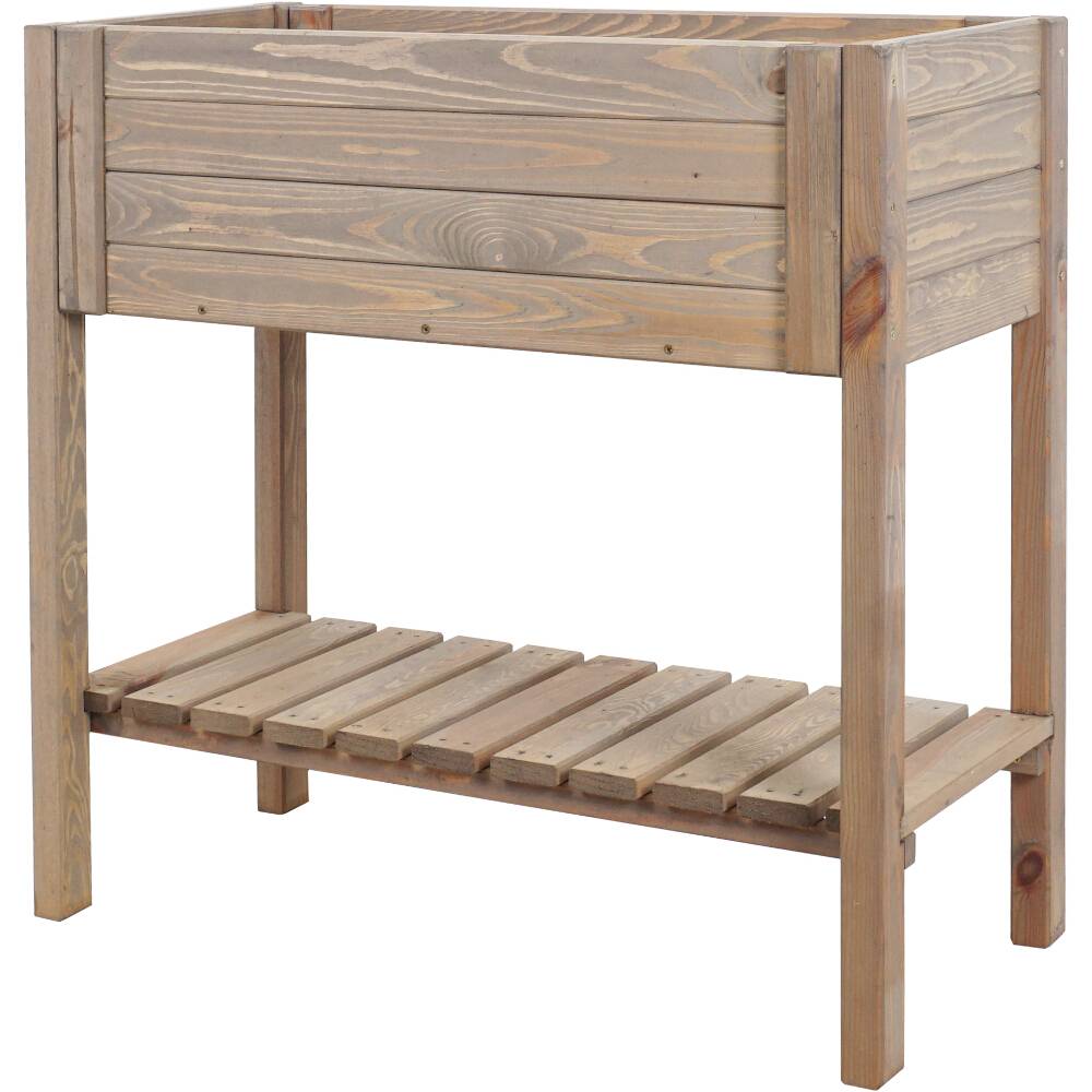 Holz-Hochbeet mit rechteckiger Pflanzfläche und unterem Regal zur Lagerung. Geeignet für Gartenarbeit und Pflanzenaufzucht.