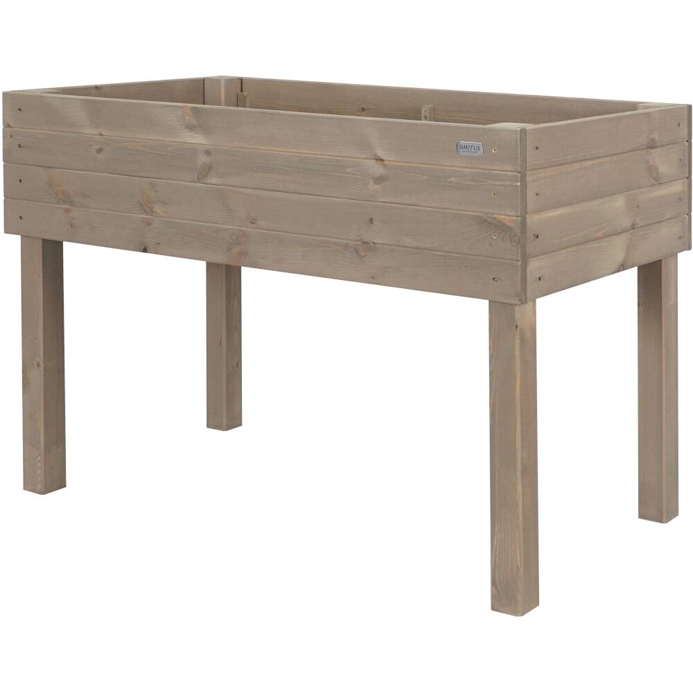 Ein rechteckiges, hohes Hochbeet aus Holz mit vier Beinen, geeignet für den Anbau von Pflanzen auf Balkonen oder in Gärten.