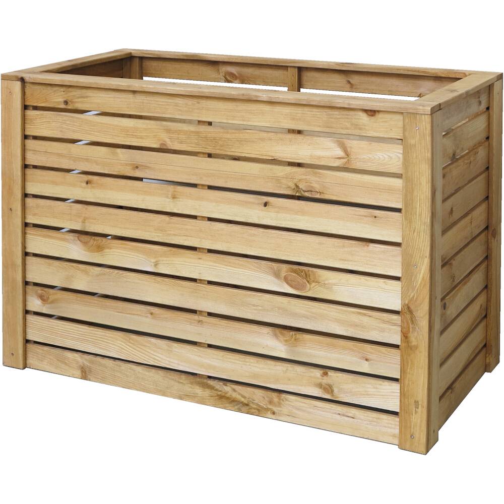 Holzkasten aus Latten, rechteckig und offen oben, typisch für den Außenbereich. Hergestellt aus hellem Holz mit natürlicher Maserung.