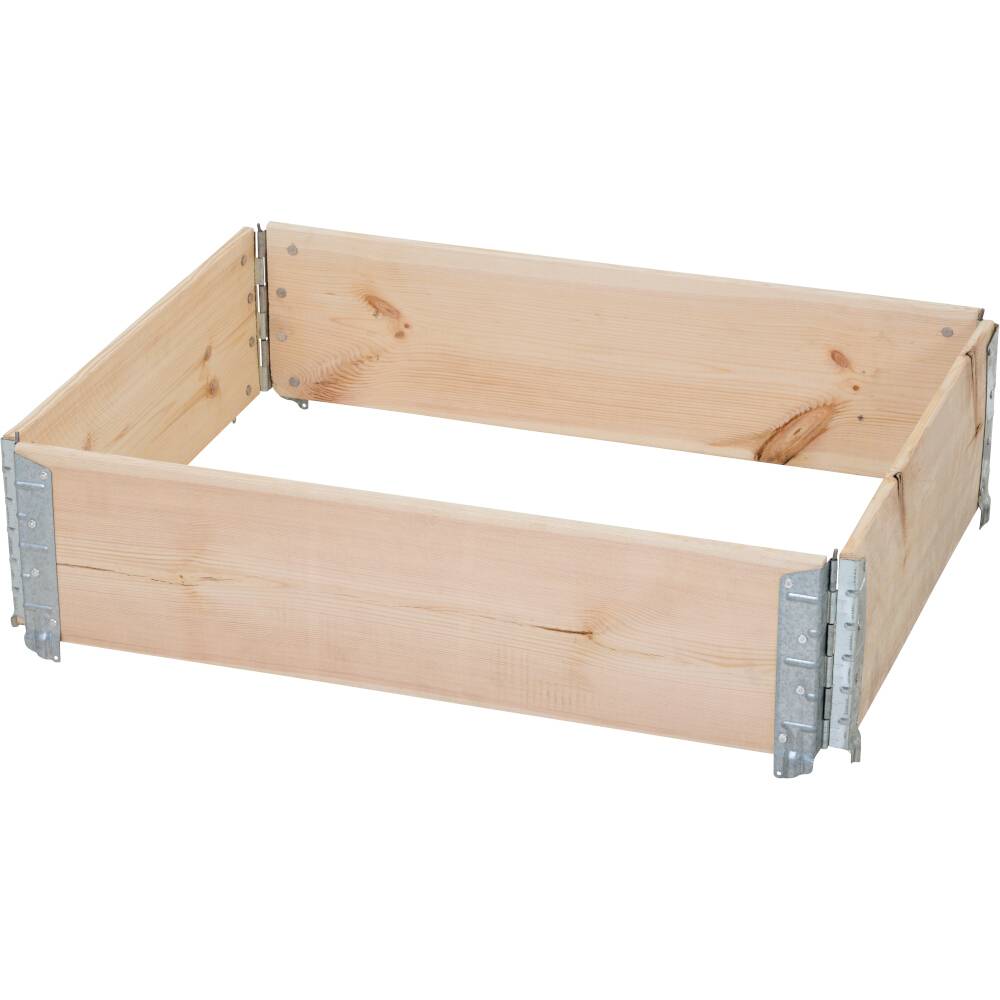 Holzrahmen mit Metallecken, leerer Kasten ohne Boden oder Deckel, geeignet für Gartenbeete oder als Baukomponente.