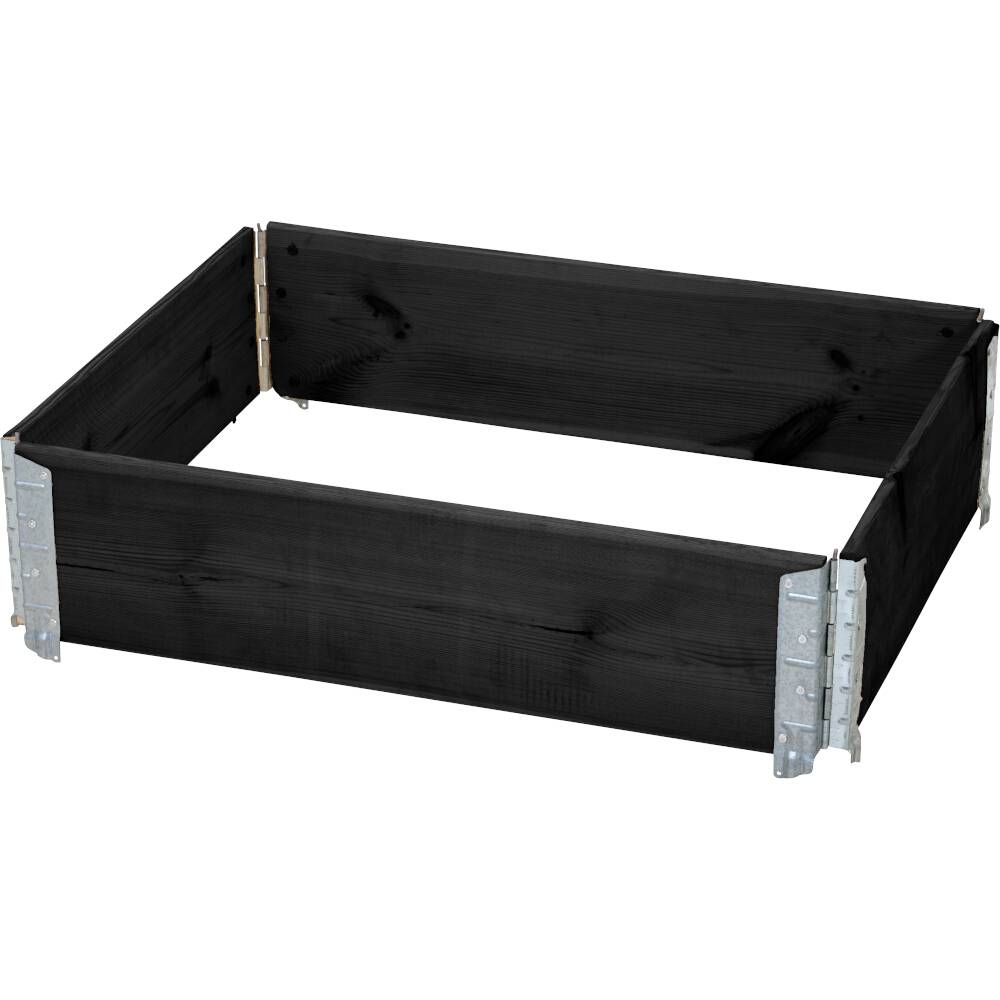 Schwarzes Holzbeetrahmen in rechteckiger Form, bestehend aus vier Planken, verbunden mit Metallwinkeln.