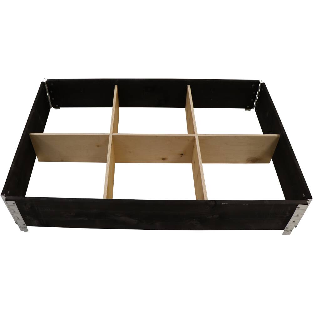 Holzkiste mit schwarzem Rahmen und naturfarbenen Trennwänden, die sechs Fächer bilden. Die Trennwände sind rechtwinklig angeordnet.