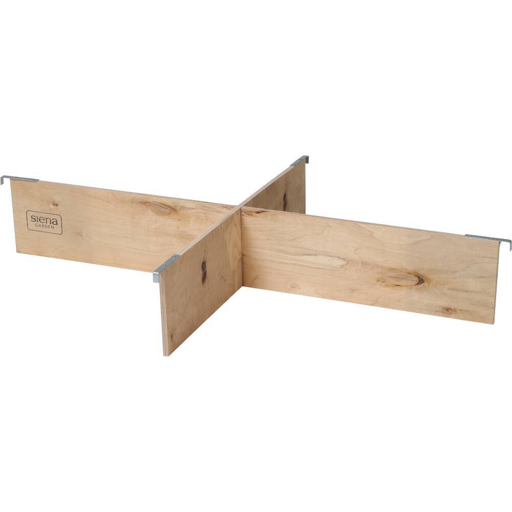 Holzteiler mit vier Fächern in Kreuzform, geeignet für Schubladenorganisation. Das Sichtbare Holz hat eine glatte natürliche Oberfläche.
