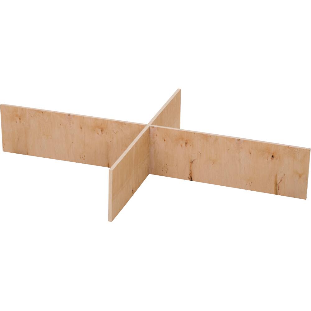 Einfacher Holzkreuz-Ständer, bestehend aus vier hölzernen Platten, die sich in der Mitte überkreuzen. Geeignet für diverse Anwendungen.