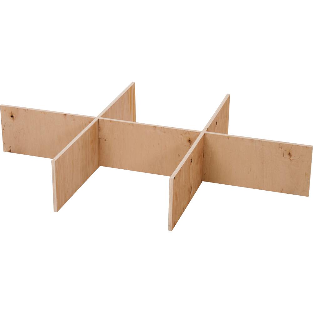 Ein Holztrennsystem mit sechs schmalen vertikalen Platten, die sich in einem Gittermuster kreuzen, liegt auf einer hellen Fläche.