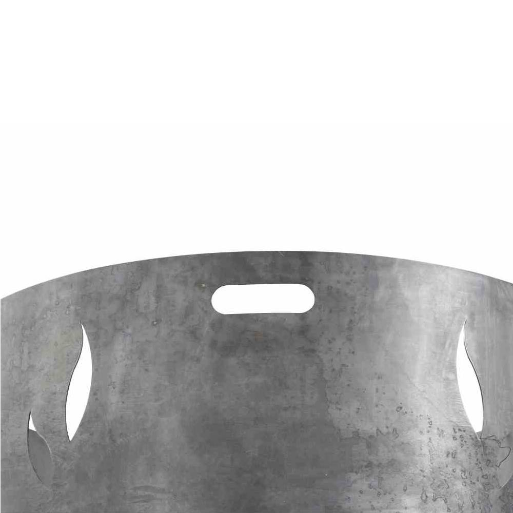 Runder Ausschnitt eines metallischen Gegenstands mit einem Tragegriff und seitlichen Öffnungen.