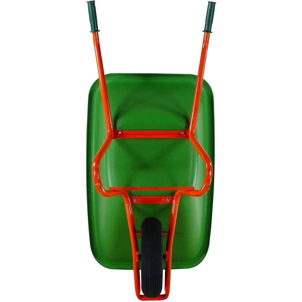 Grüne Schubkarre von oben, mit orangefarbenem Rahmen und Griffen.