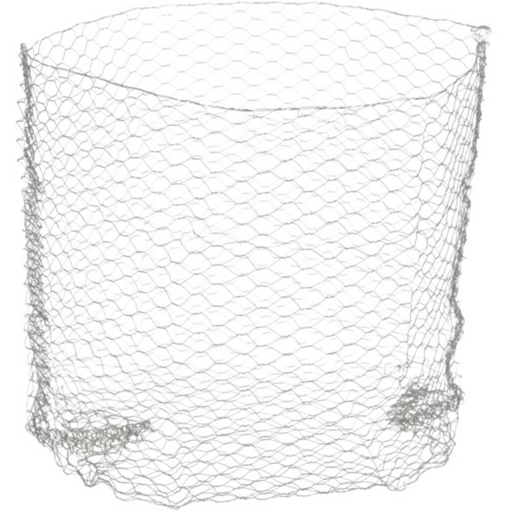 Hühnerdrahtzylinder, leer und freistehend, aus dünnem, verwobenem Draht.