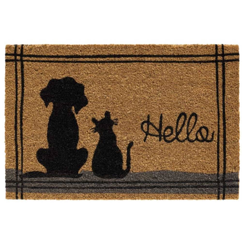Fußmatte mit der Silhouette eines Hundes und einer Katze. Rechts daneben steht in Schwarz 'Hello'. Perfekt für Tierliebhaber.