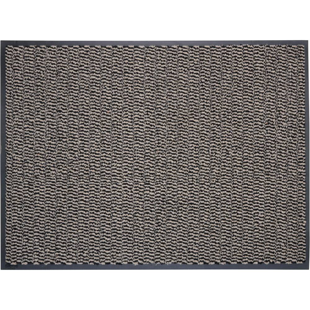 Braune Fußmatte mit gewebtem Muster aus parallelen wellenförmigen Linien, umgeben von einem dunklen Rahmen.