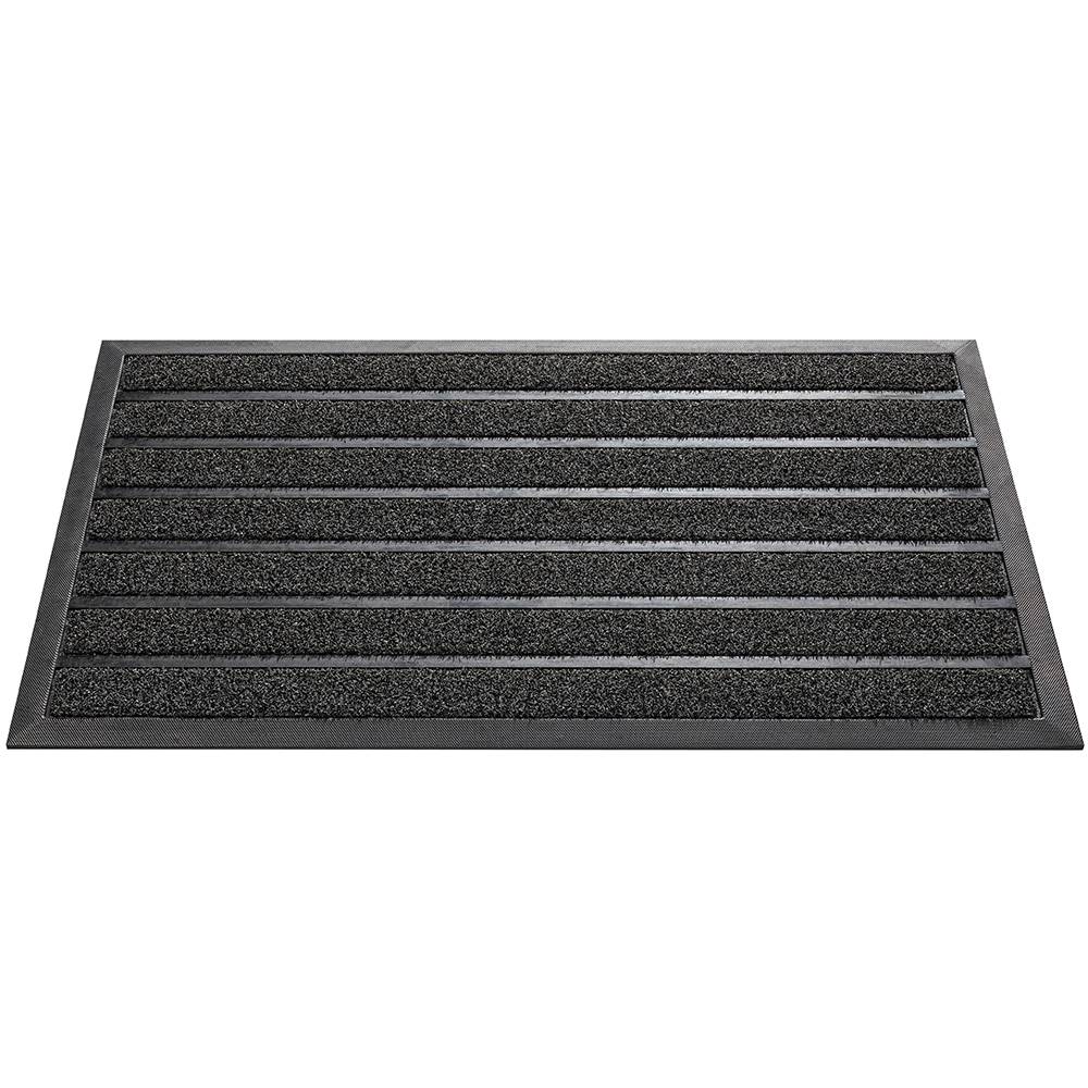 Schwarze Fußmatte mit horizontalen Streifen, geeignet für den Eingangsbereich zur Aufnahme von Schmutz und Feuchtigkeit.