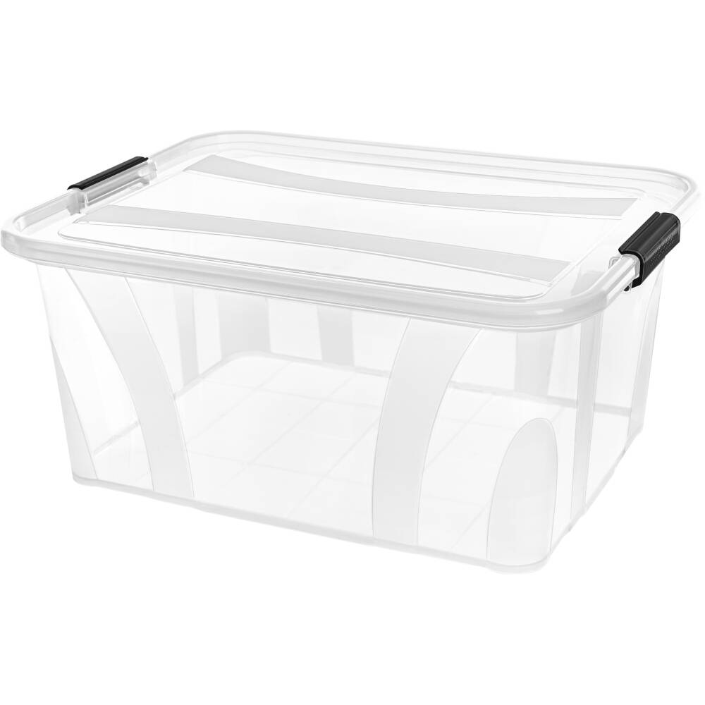 Eine transparente Kunststoff-Aufbewahrungsbox mit schwarzem Griffdeckel, geeignet zur Aufbewahrung von Gegenständen im Haushalt.