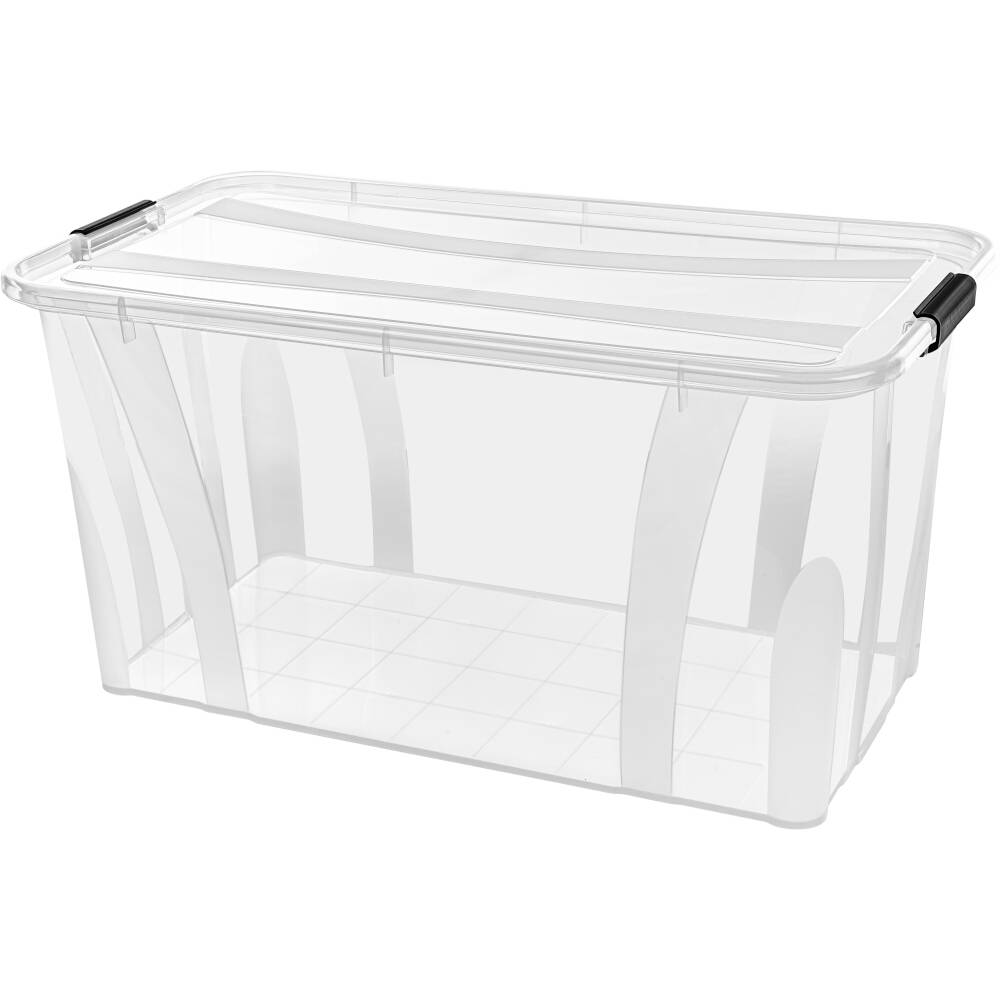 Transparente Aufbewahrungsbox aus Kunststoff mit Deckel und seitlichen Verschlüssen. Ideal zur organisierten Lagerung von Gegenständen.