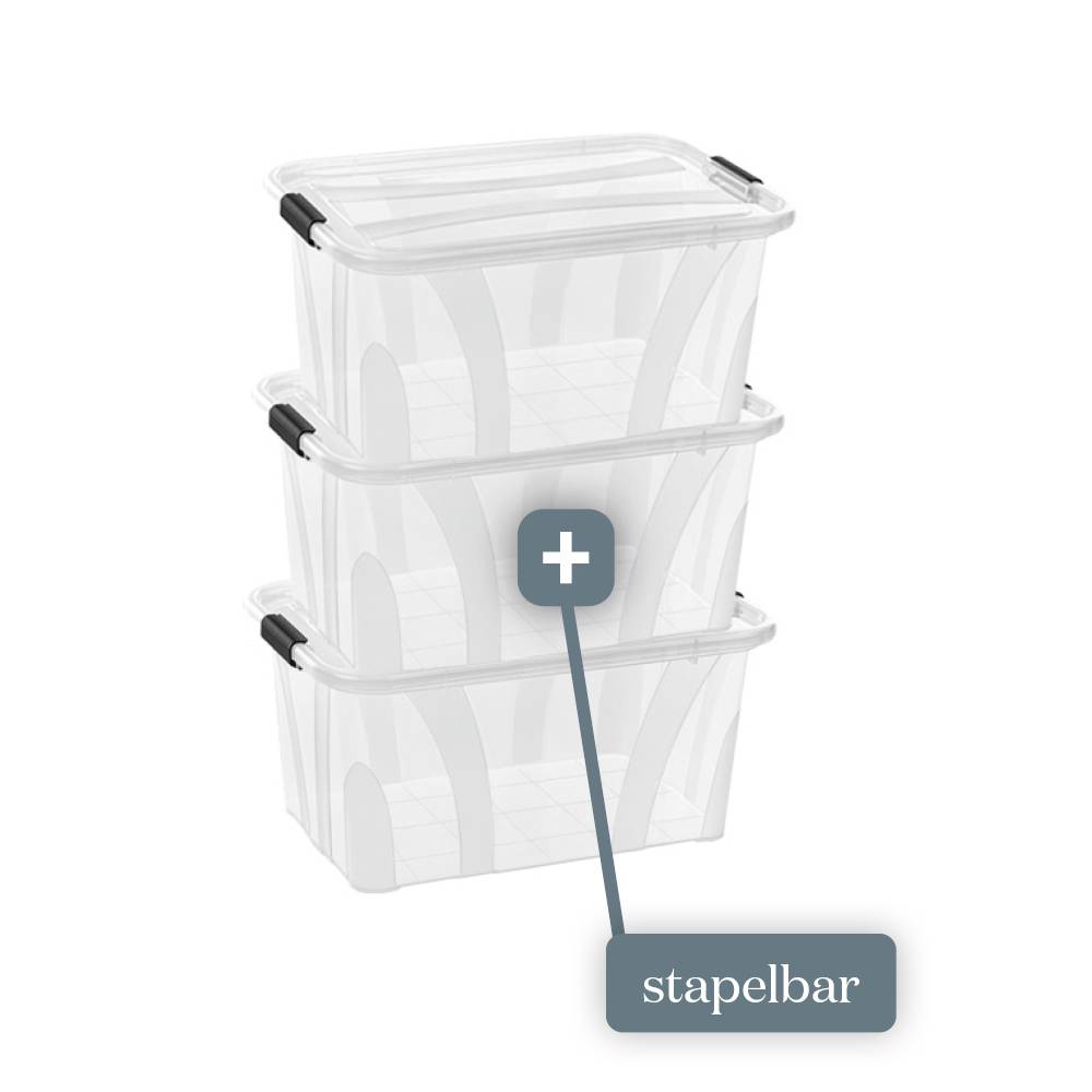Drei transparente, stapelbare Aufbewahrungsboxen übereinander, mit dem Hinweis 'stapelbar'.