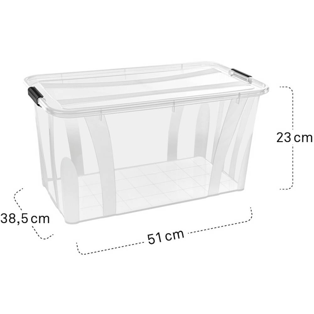Kunststoff-Aufbewahrungsbox mit transparentem Design, Maße: 51 cm lang, 38,5 cm hoch, 23 cm tief, mit schwarzen Griffen.